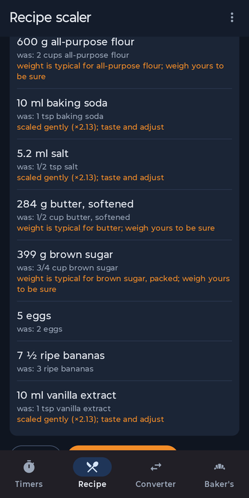 A scaled recipe in grams