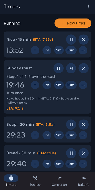 Several timers running, each with its ETA
