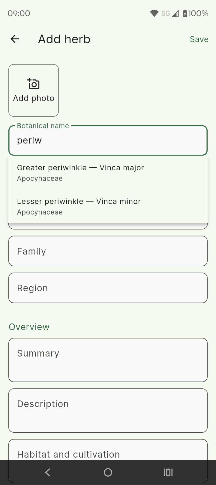Adding an herb with name suggestions