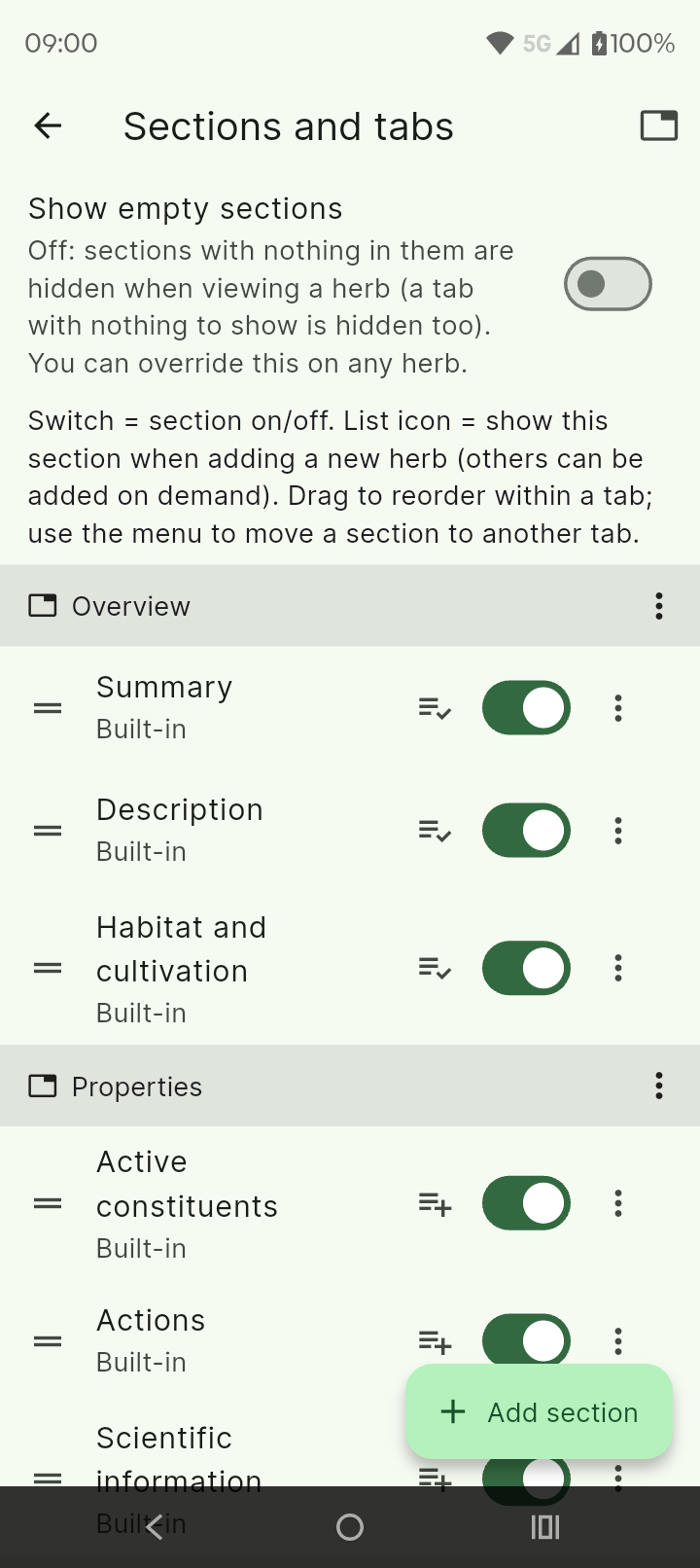 Choosing and ordering sections and tabs