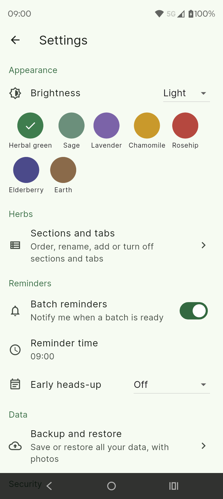 Themes, reminders and backup settings