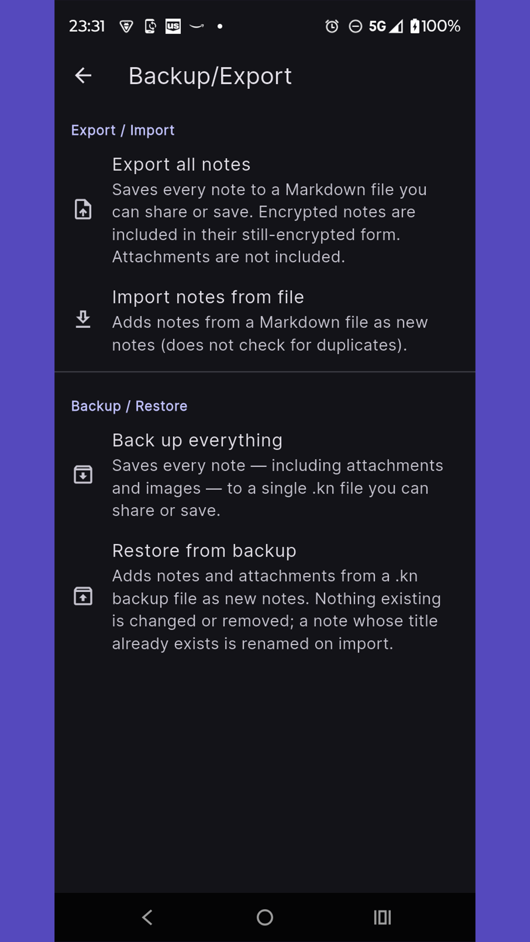 NoteMagic backup and restore screen