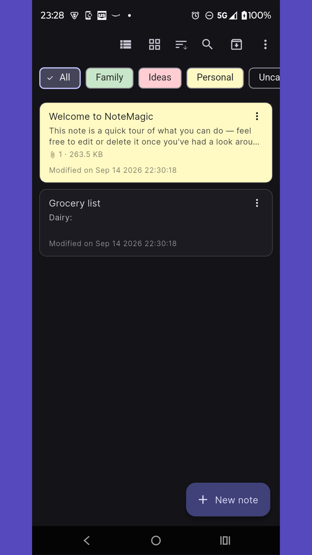 NoteMagic notes list with categories