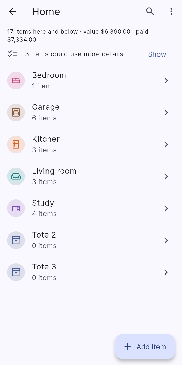 A collection: its rooms and shelves, with a total value at a glance.