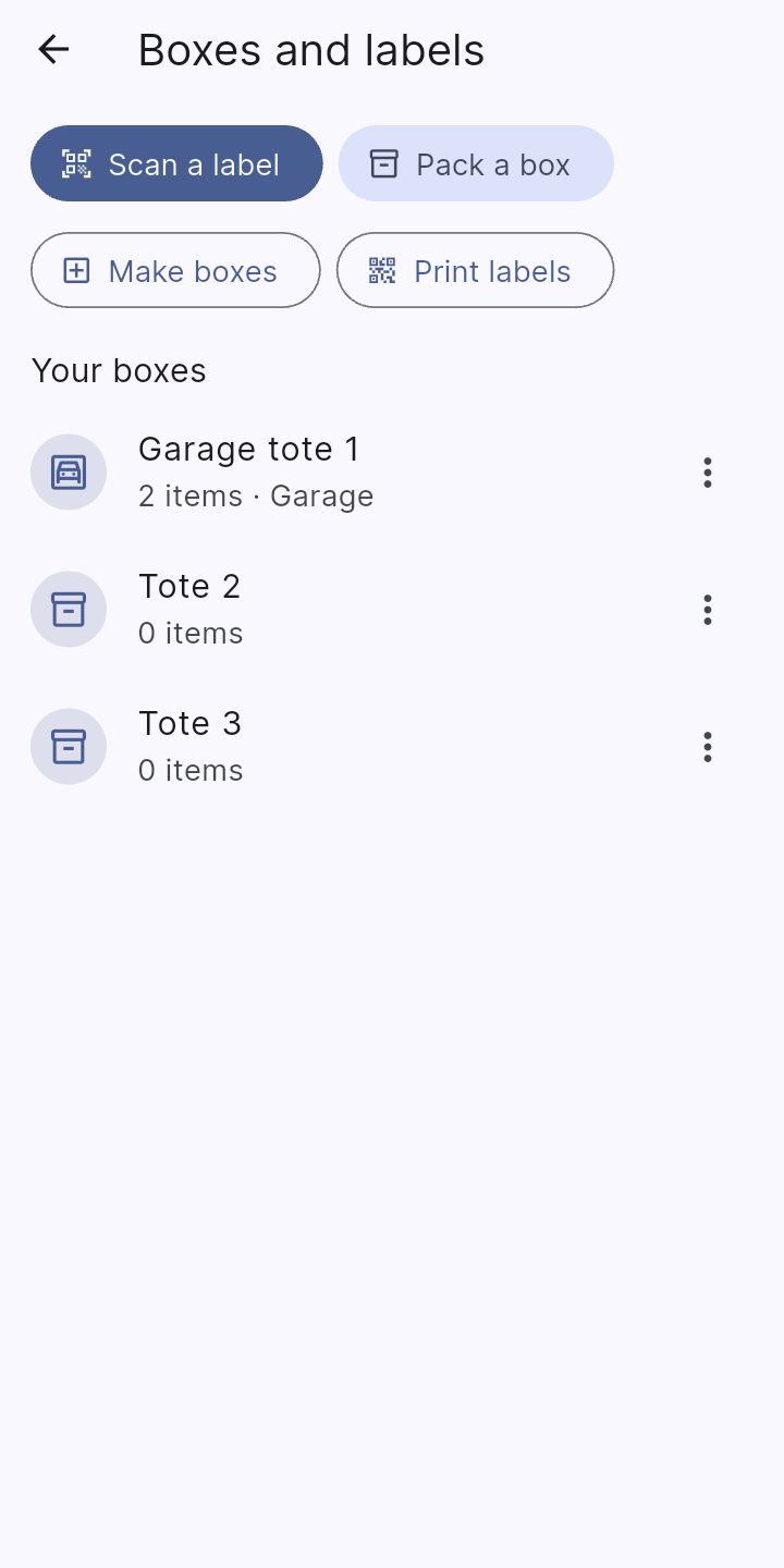 Boxes, totes and containers, each with its own label. (Pro)