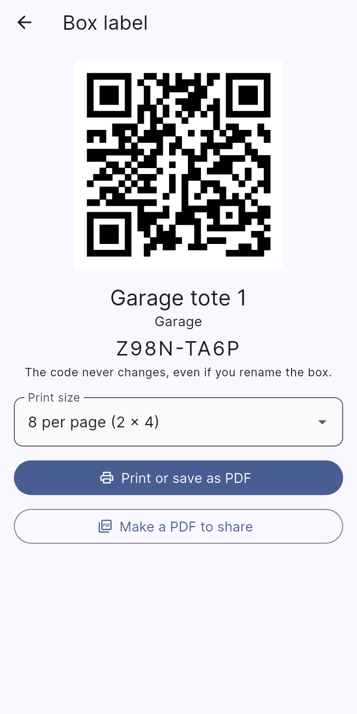 A printable QR label with the name and a short code.