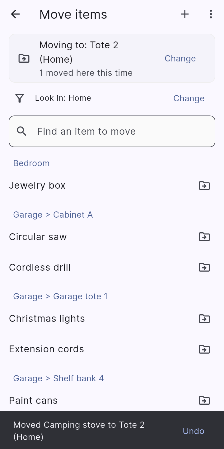 Move mode: pick the destination once, then tap what goes there.