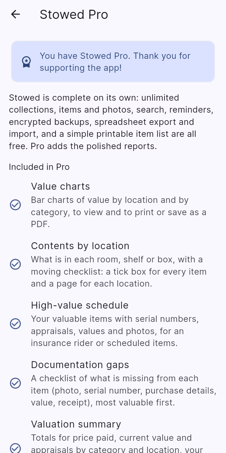 Stowed Pro: one purchase, no subscription.