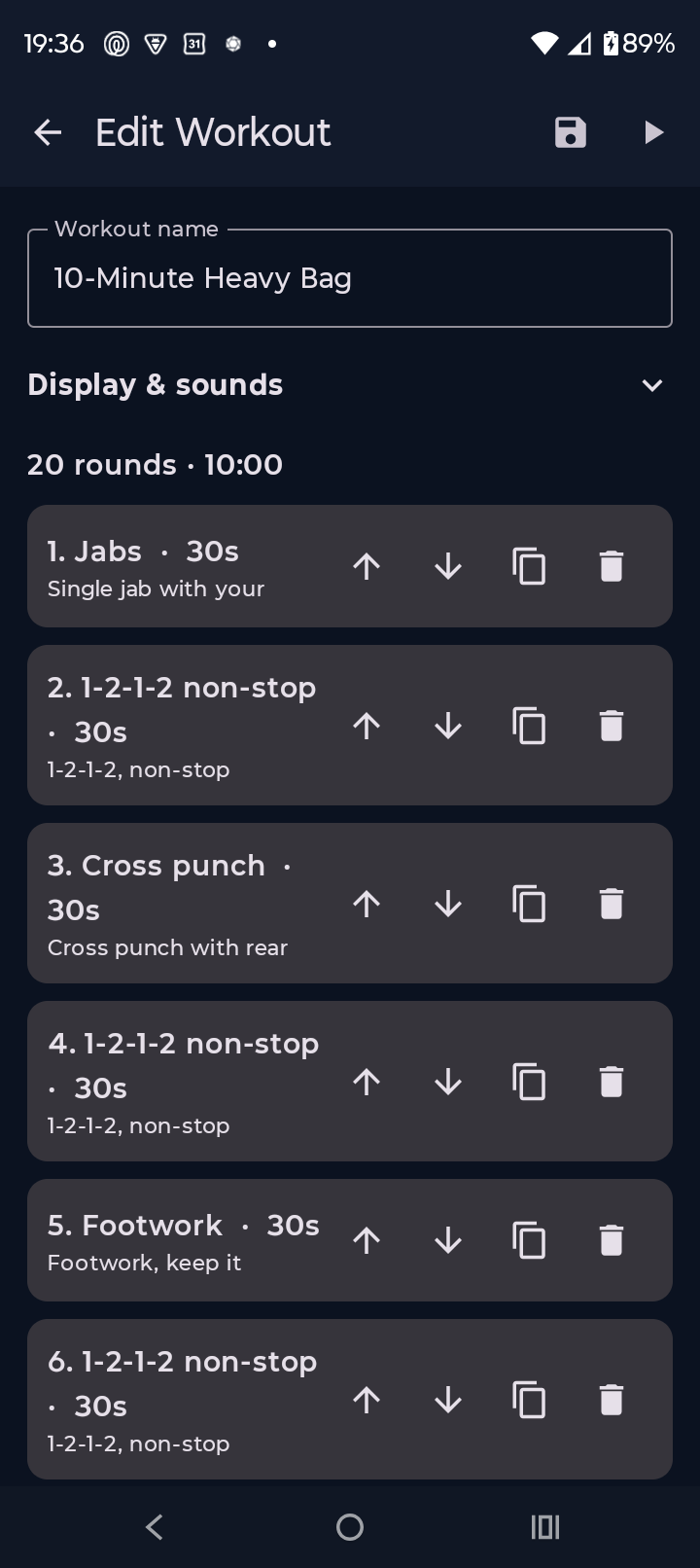 Editing a custom workout's round list