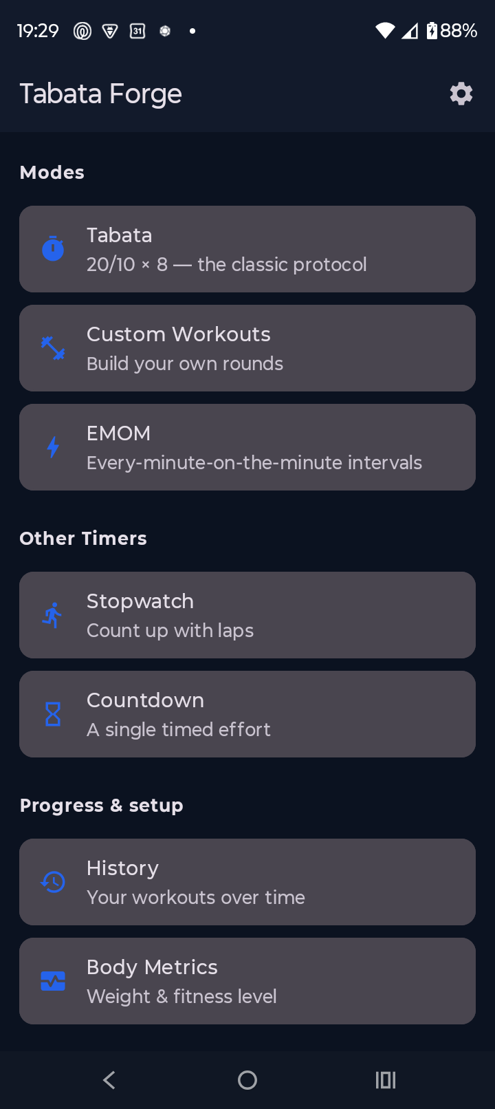 Tabata Forge home screen with all timer modes